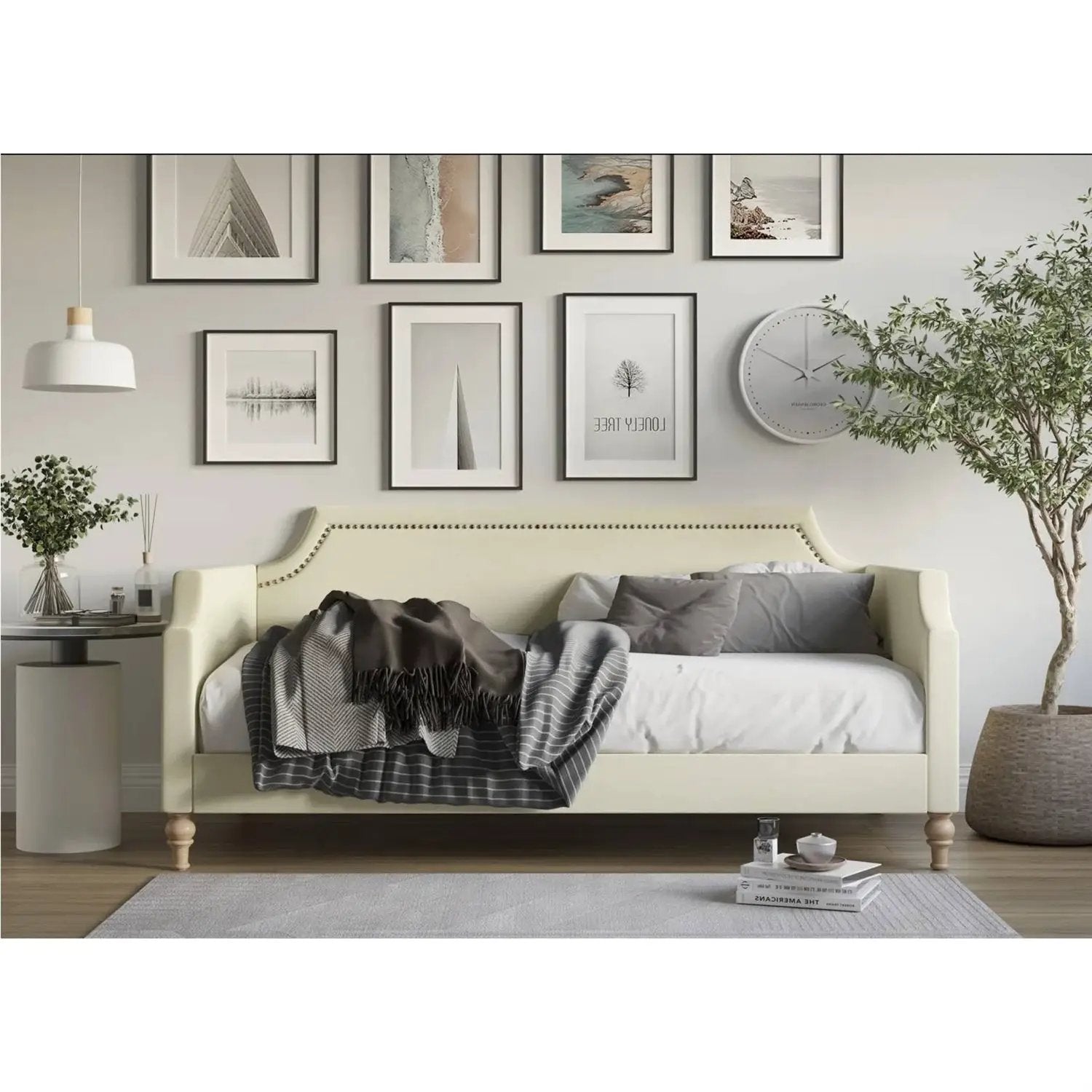 Twin size Beige Cream Polyester Fabric Upholstered Daybed with Nailhead Trim by HomePacific