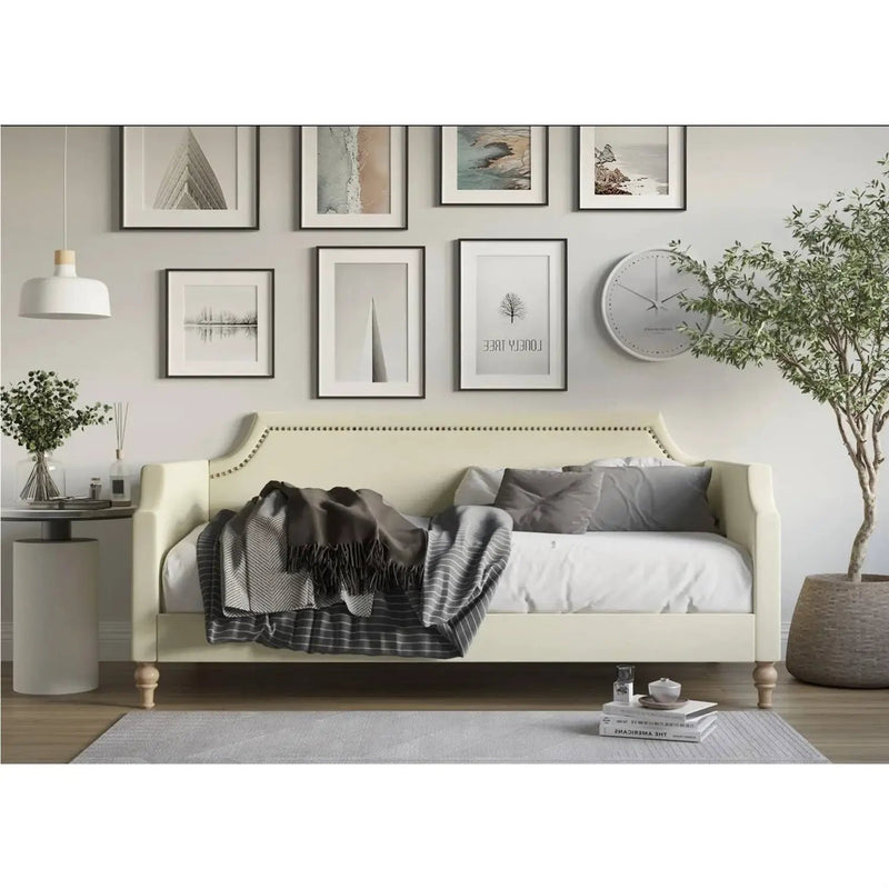 Twin size Beige Cream Polyester Fabric Upholstered Daybed with Nailhead Trim by HomePacific
