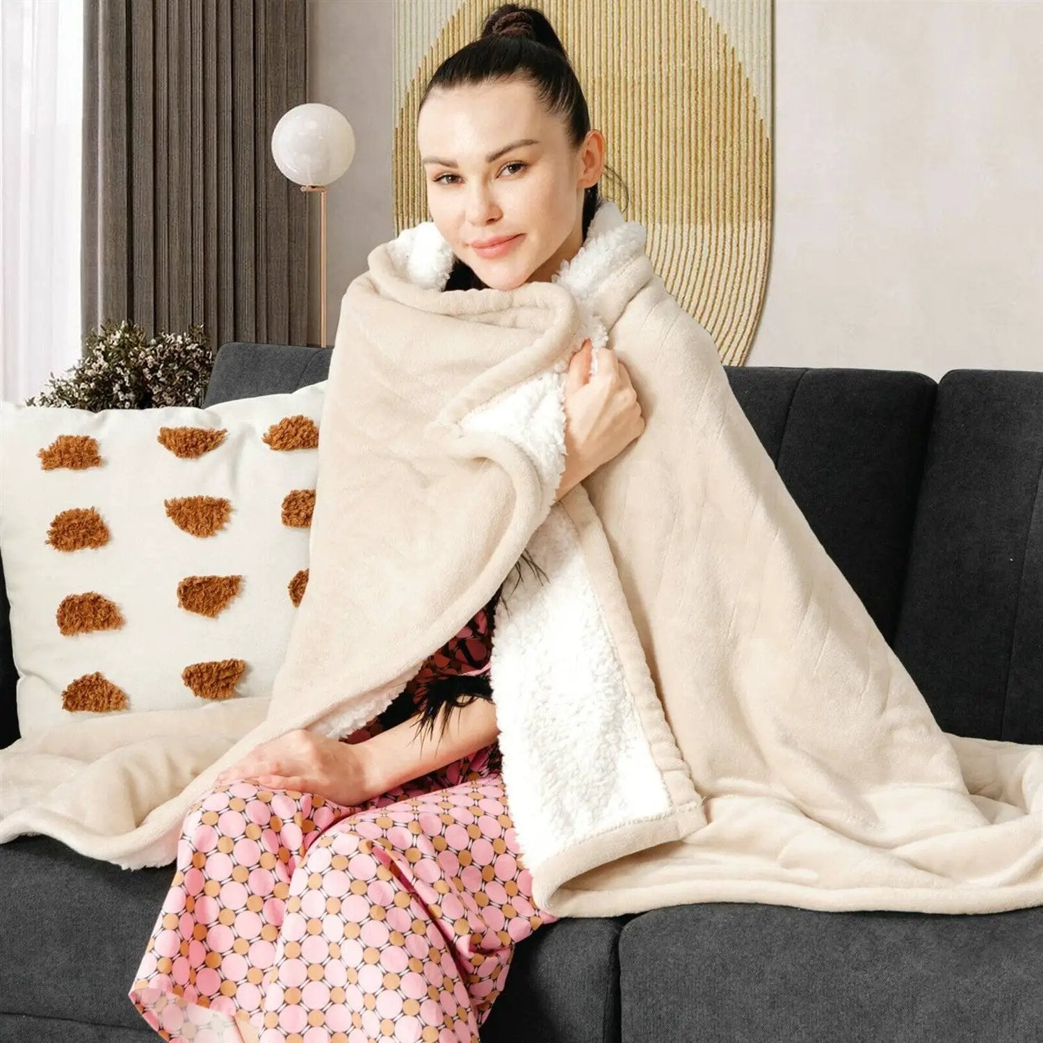 Heated Electric Sherpa Throw Blanket in Beige/White by HomePacific