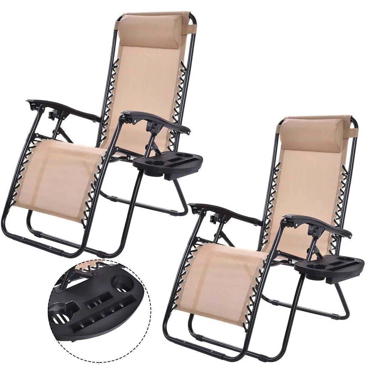 Set of 2 Beige Folding Outdoor Zero Gravity Lounge Chair Recliner by HomePacific