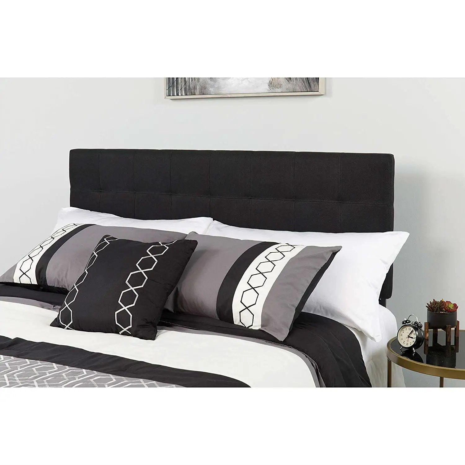 Full size Modern Box-Stitch Black Fabric Upholstered Headboard by HomePacific