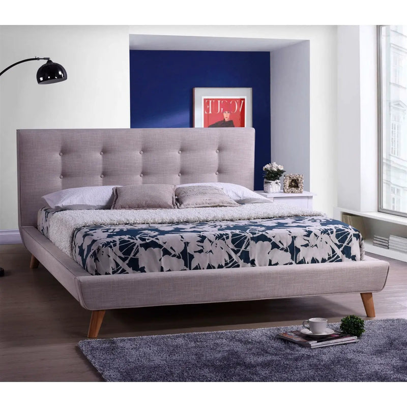 Full size Beige Linen Upholstered Platform Bed with Button Tufted Headboard by HomePacific