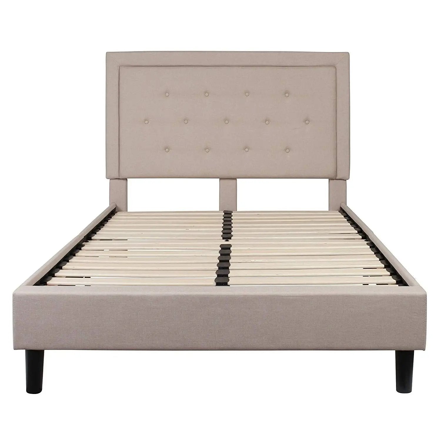 Full Beige Fabric Upholstered Platform Bed Frame with Tufted Headboard by HomePacific