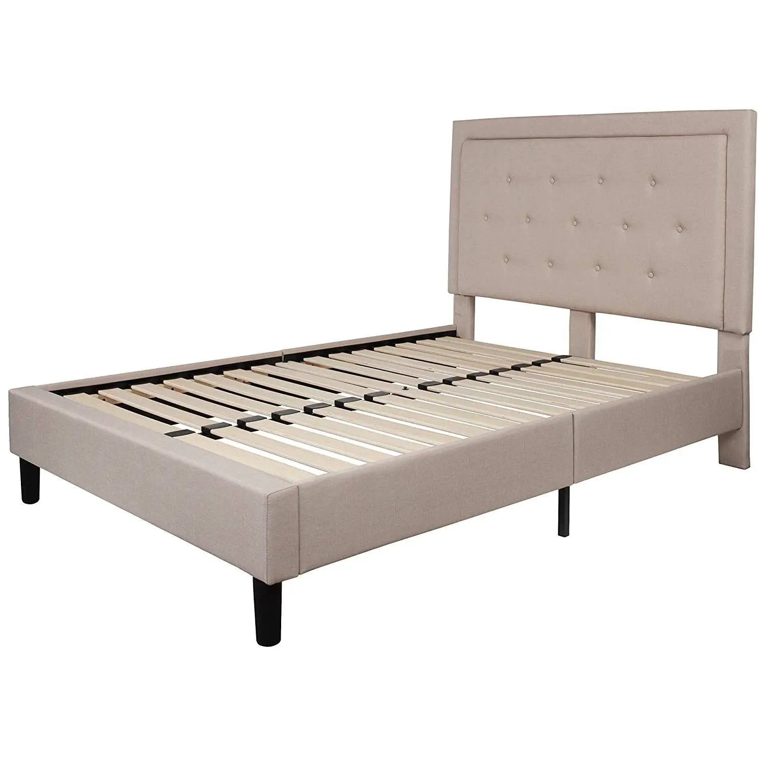 Full Beige Fabric Upholstered Platform Bed Frame with Tufted Headboard by HomePacific
