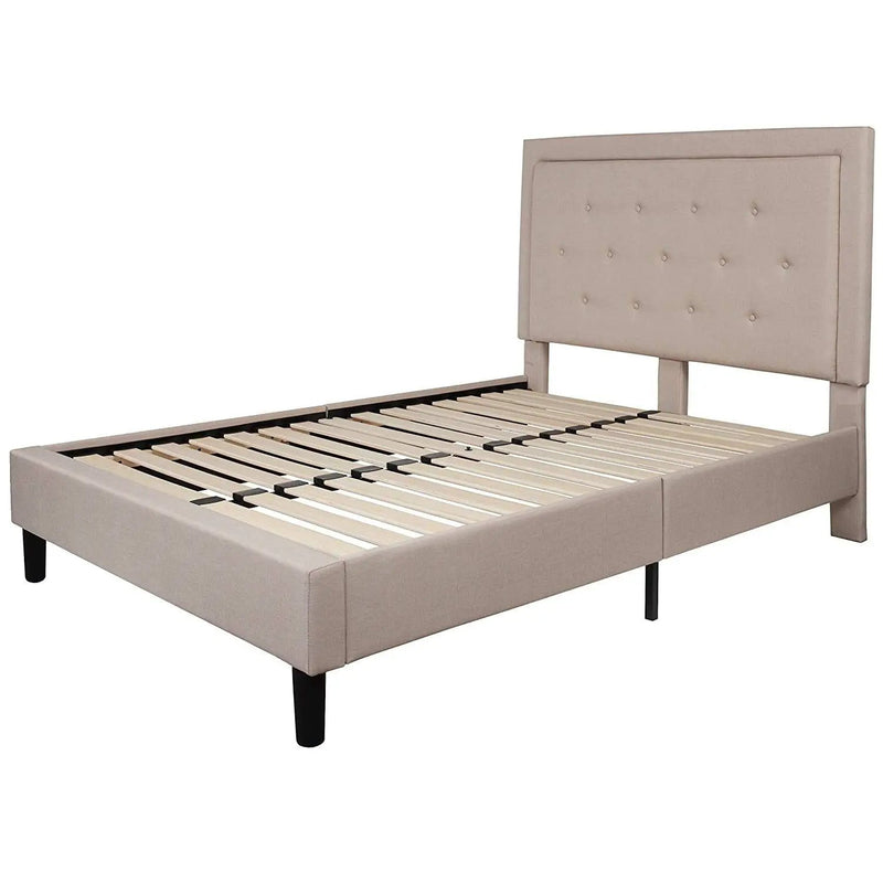 Full Beige Fabric Upholstered Platform Bed Frame with Tufted Headboard by HomePacific