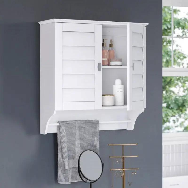 Wall Mounted Bathroom Medicine Cabinet with Louver Doors and Towel Bar in White by HomePacific