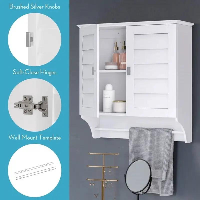 Wall Mounted Bathroom Medicine Cabinet with Louver Doors and Towel Bar in White by HomePacific