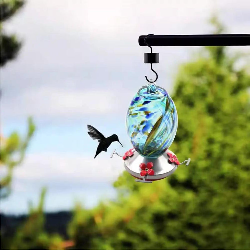 Blue Blown Glass Hummingbird Feeder with Perch and 4 Feeding Ports by HomePacific