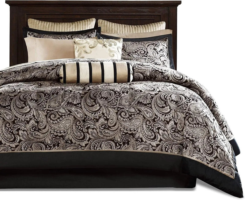 King 12 Piece Cotton Polyester Comforter Set Black Gold Paisley by HomePacific