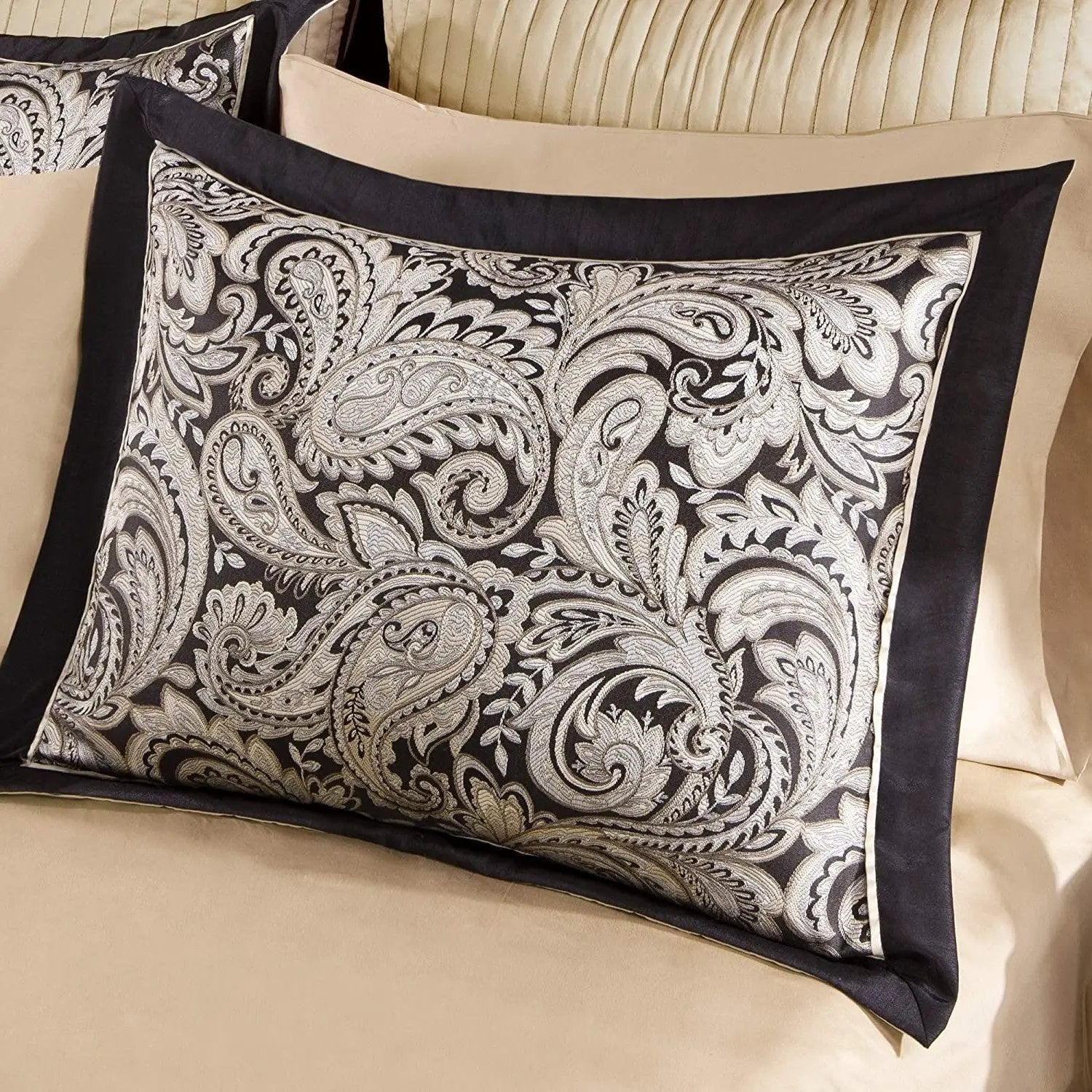 King 12 Piece Cotton Polyester Comforter Set Black Gold Paisley by HomePacific