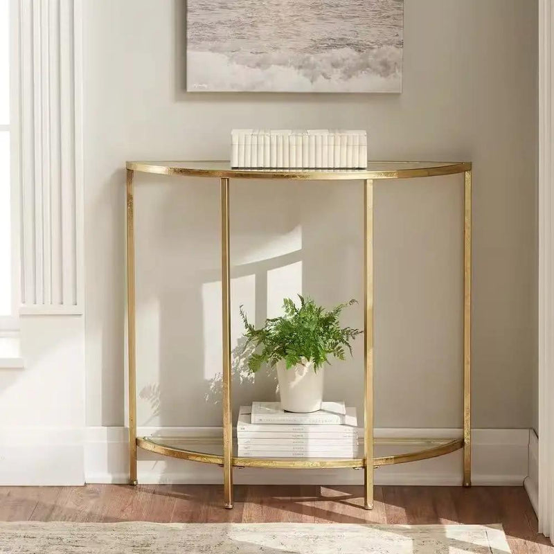 Half-Circle Entryway Console Table Gold Metal Glass Top Bottom Shelf Sofa Table by HomePacific