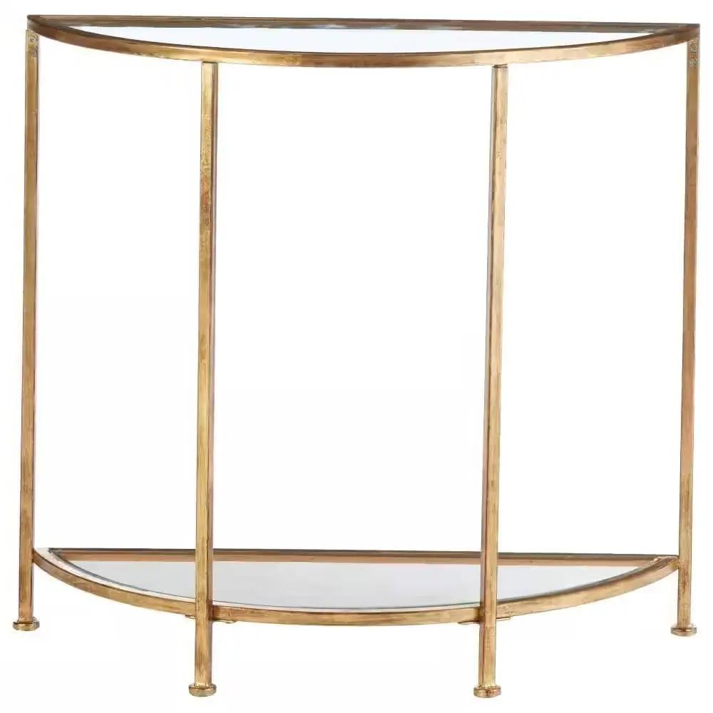 Half-Circle Entryway Console Table Gold Metal Glass Top Bottom Shelf Sofa Table by HomePacific