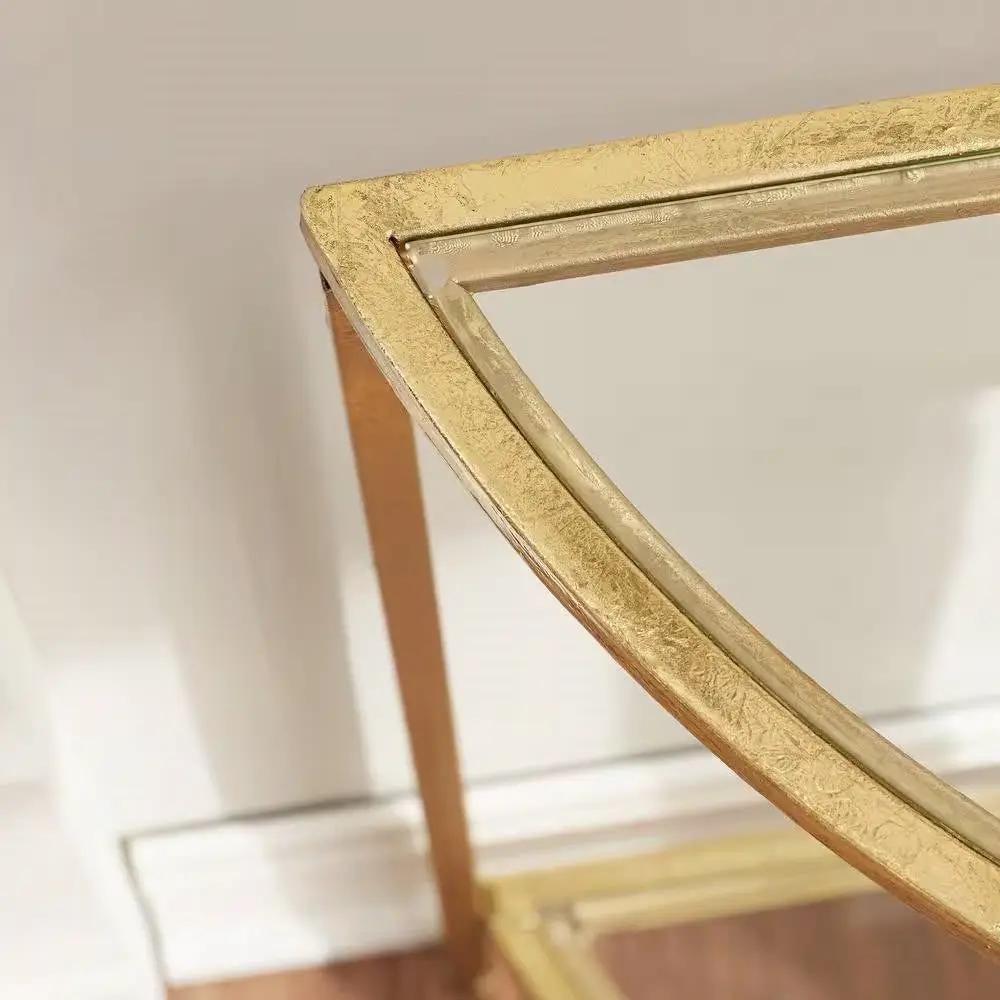 Half-Circle Entryway Console Table Gold Metal Glass Top Bottom Shelf Sofa Table by HomePacific