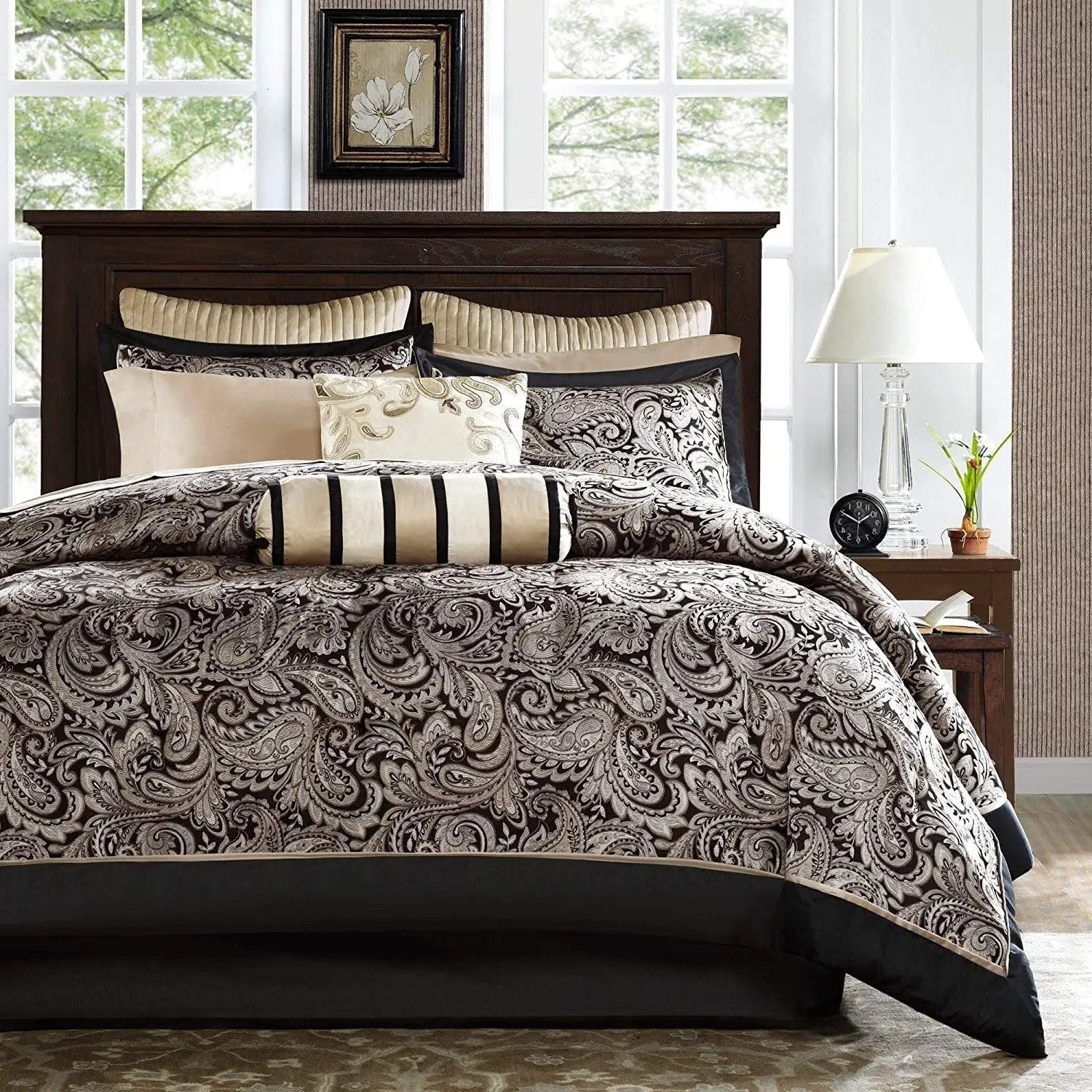 Queen 12 Piece Cotton Polyester Comforter Set Black Gold Paisley by HomePacific