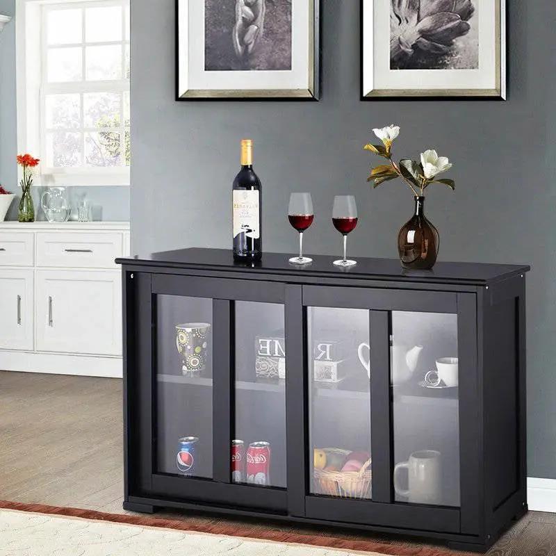 Black Sideboard Buffet Dining Storage Cabinet with 2 Glass Sliding Doors by HomePacific