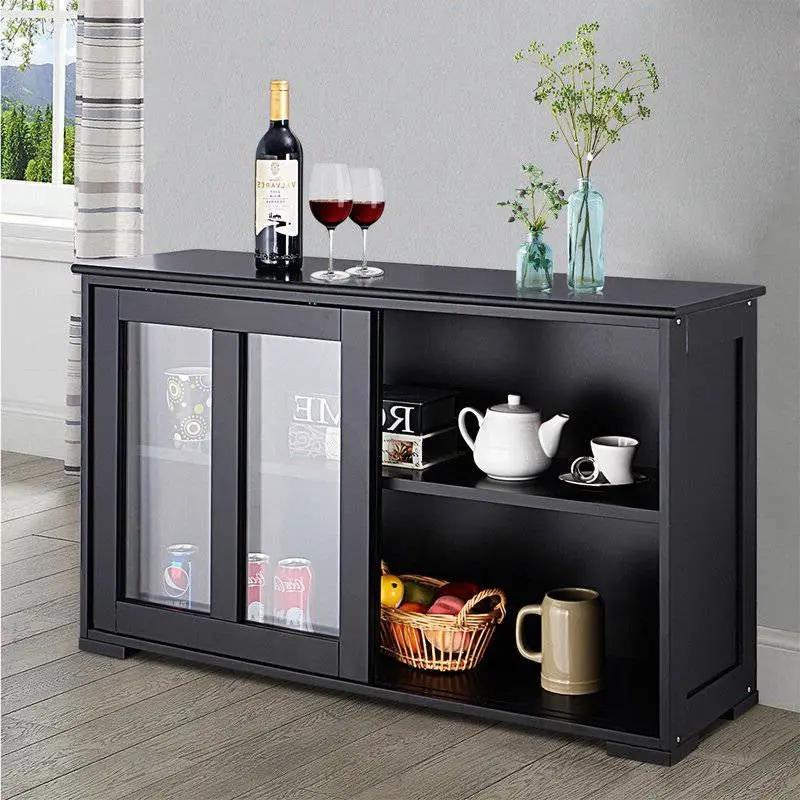 Black Sideboard Buffet Dining Storage Cabinet with 2 Glass Sliding Doors by HomePacific