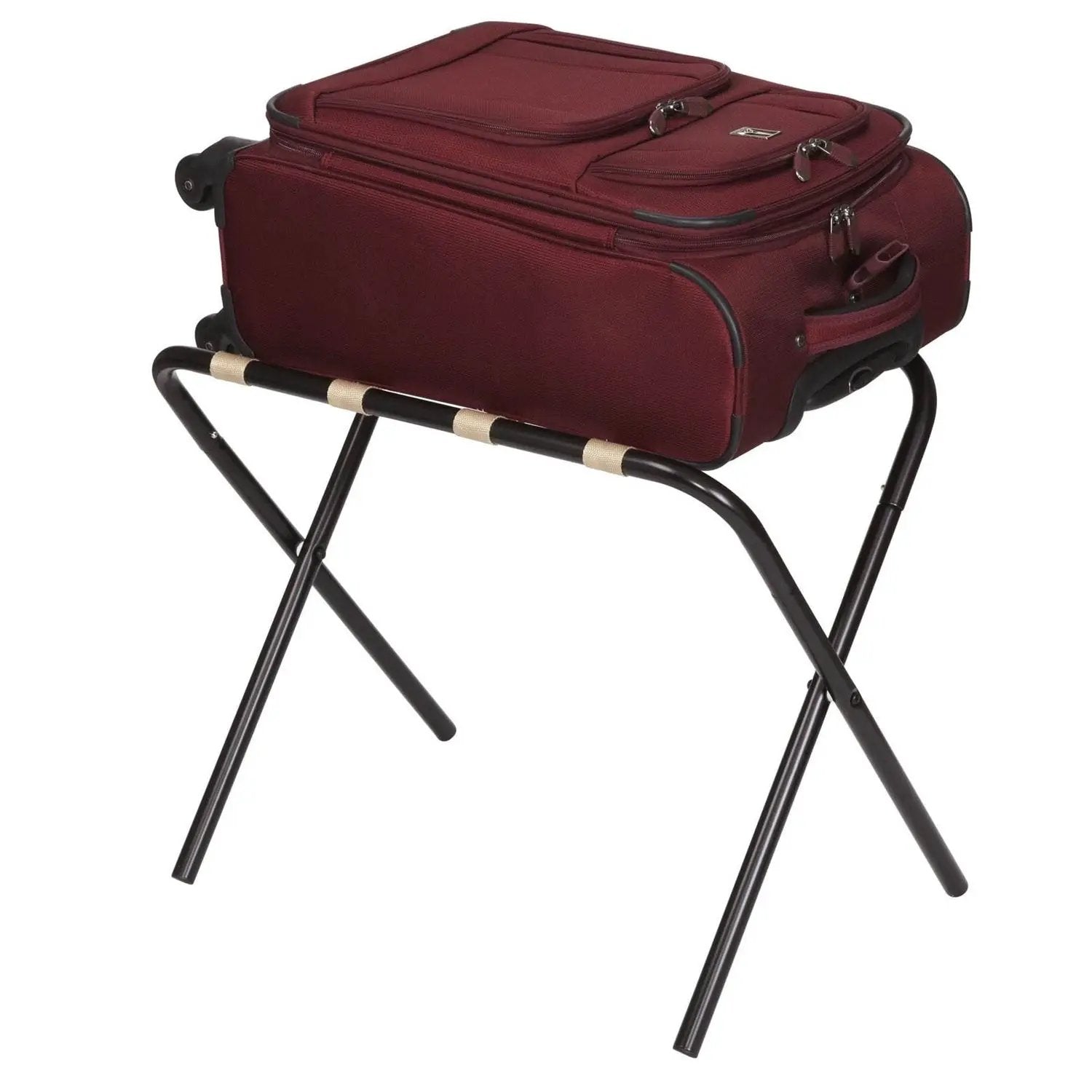 Black Metal Folding Luggage Rack with Khaki Fabric Straps by HomePacific