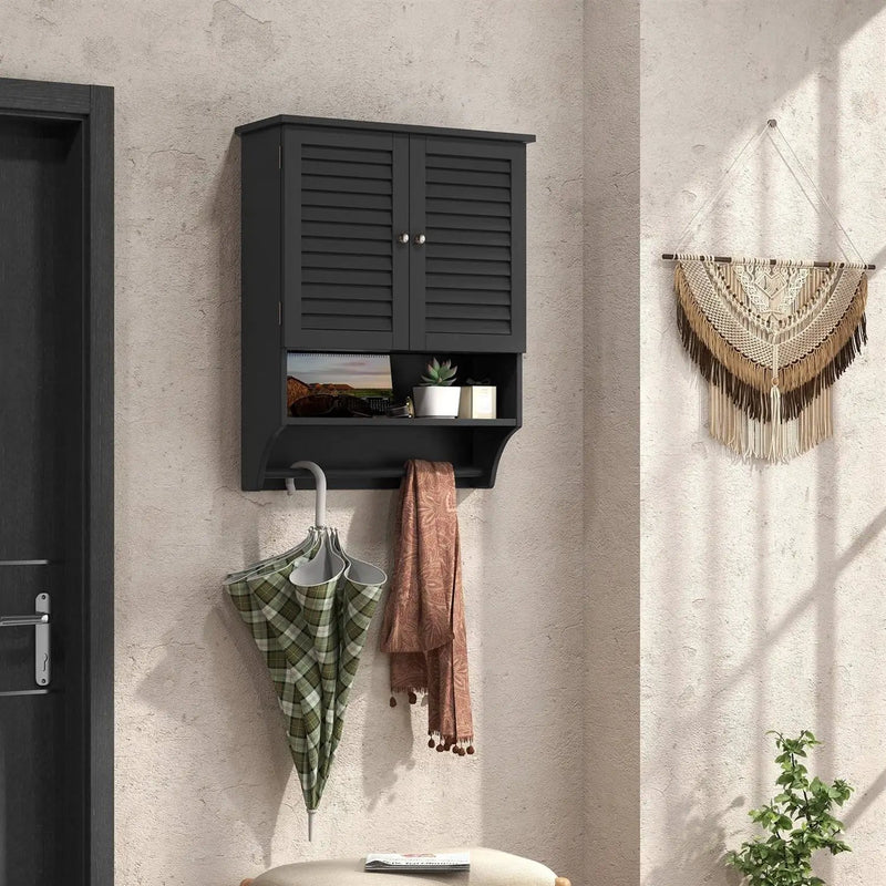 Black Wall-Mounted Bathroom Medicine Cabinet with Louver Doors and Towel Bar by HomePacific