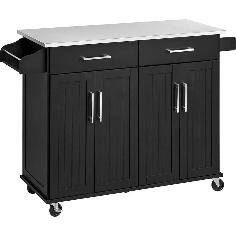 Black Kitchen Island Cart with Stainless Steel Top 2 Drawers and Cabinet by HomePacific