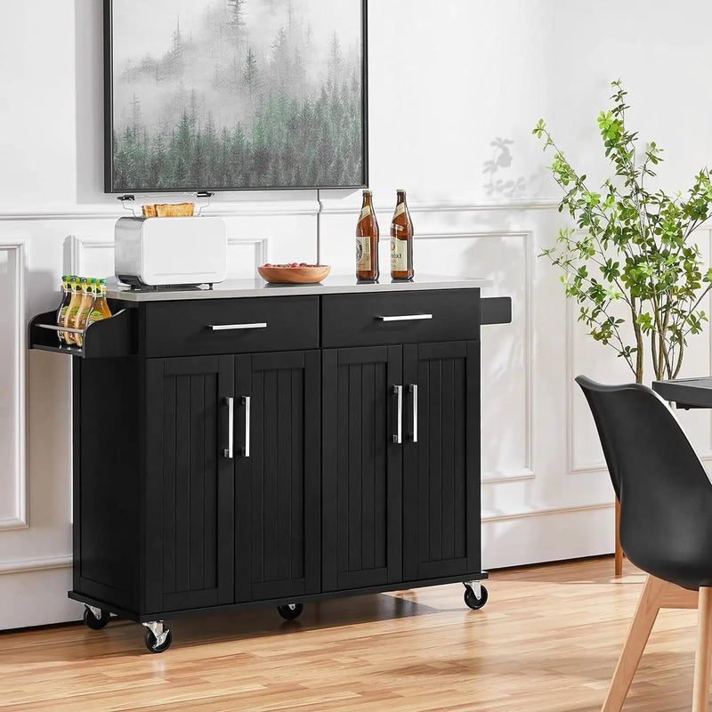 Black Kitchen Island Cart with Stainless Steel Top 2 Drawers and Cabinet by HomePacific
