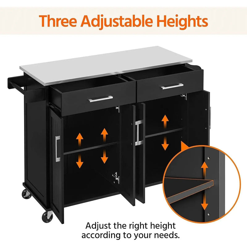 Black Kitchen Island Cart with Stainless Steel Top 2 Drawers and Cabinet by HomePacific