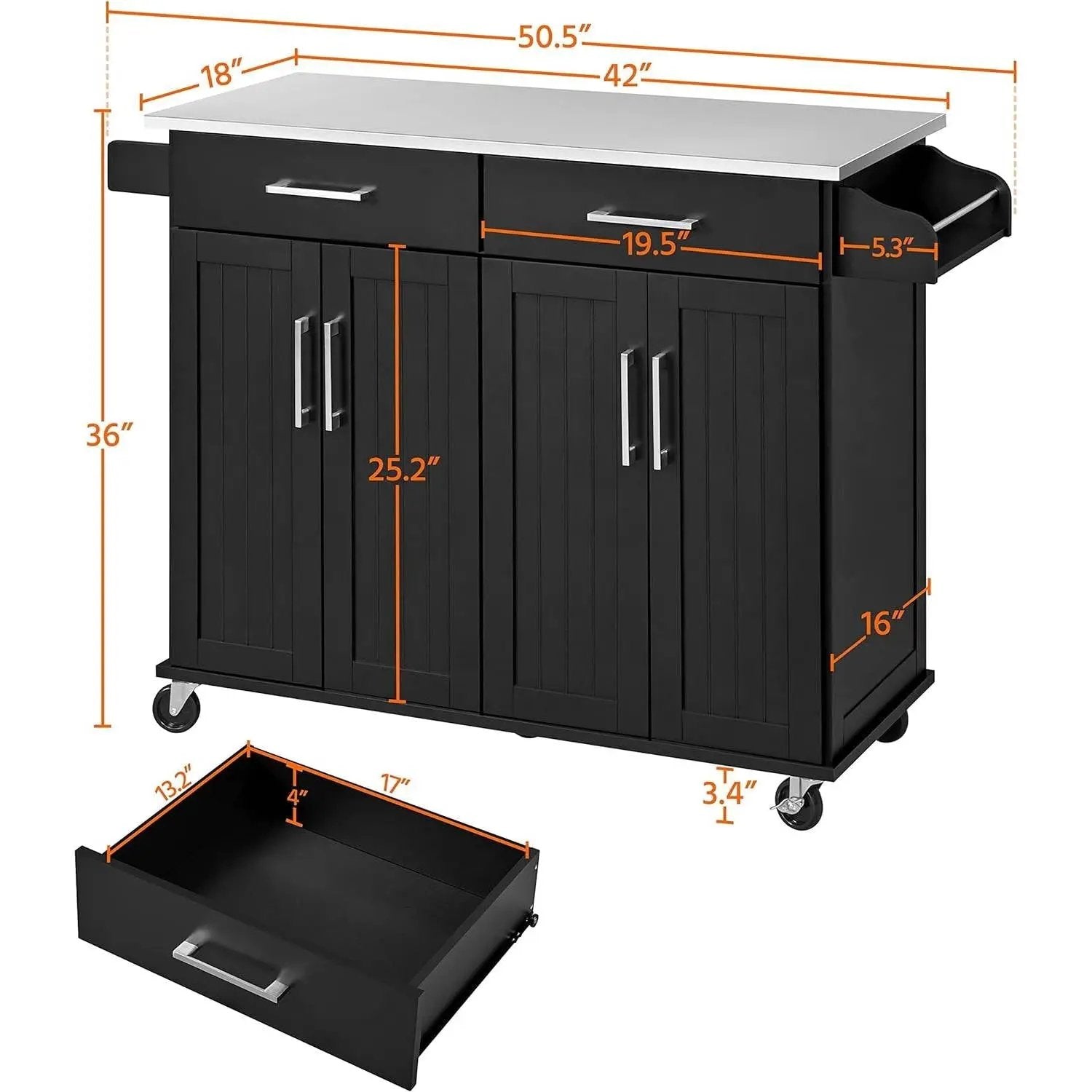 Black Kitchen Island Cart with Stainless Steel Top 2 Drawers and Cabinet by HomePacific