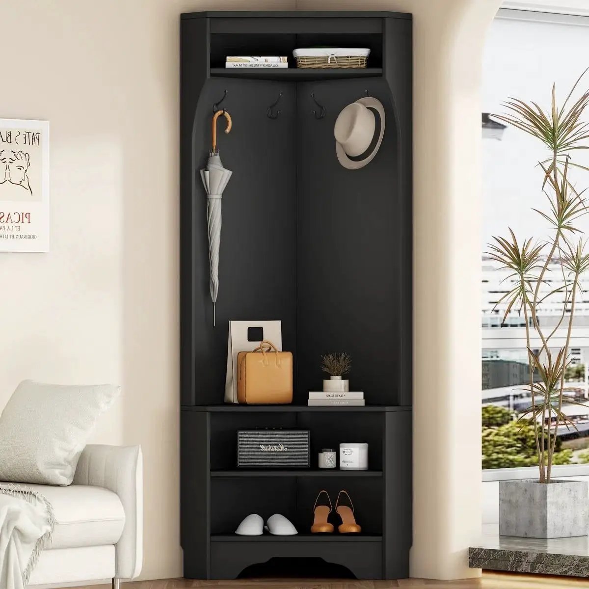Modern Black Corner Hall Tree Coat Rack Entryway Storage Cabinet Shoe Bench by HomePacific