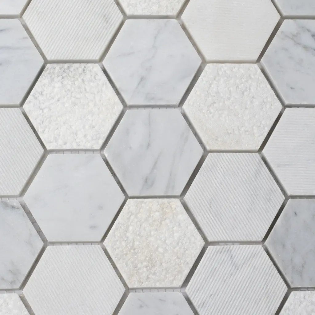 White 12x12 Polished Etched Hexagon Bianco Carrara Marble Mosaic Tile (5 pack, 4.92 sq ft/case) by Apollo Tile
