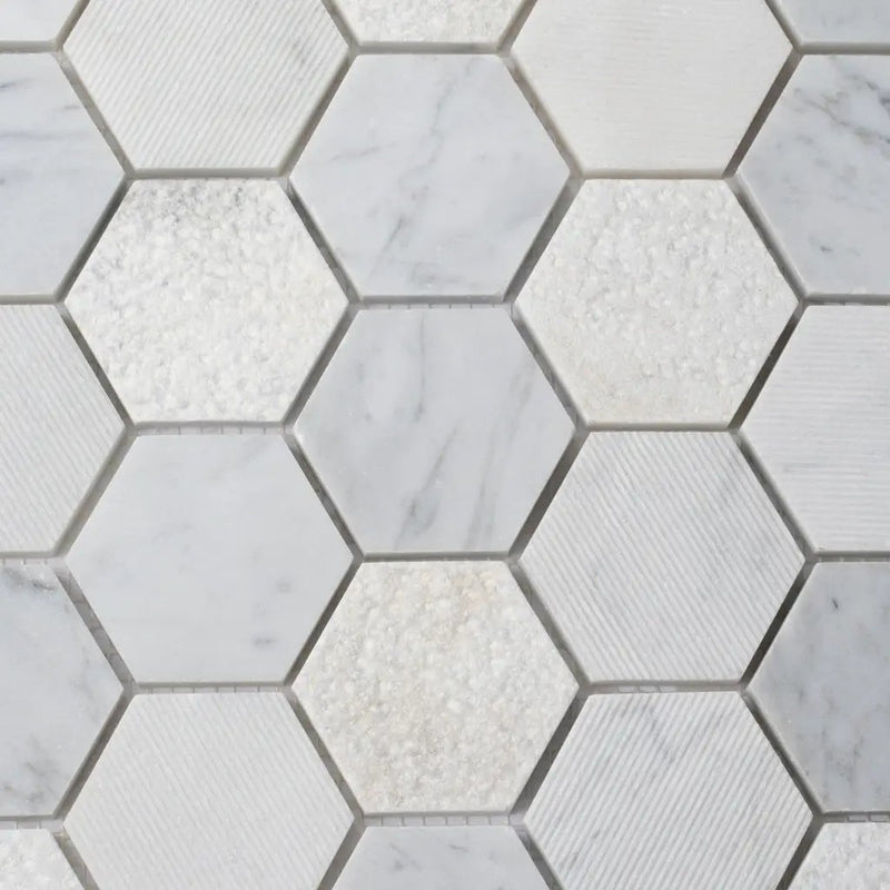 White 12x12 Polished Etched Hexagon Bianco Carrara Marble Mosaic Tile (5 pack, 4.92 sq ft/case) by Apollo Tile