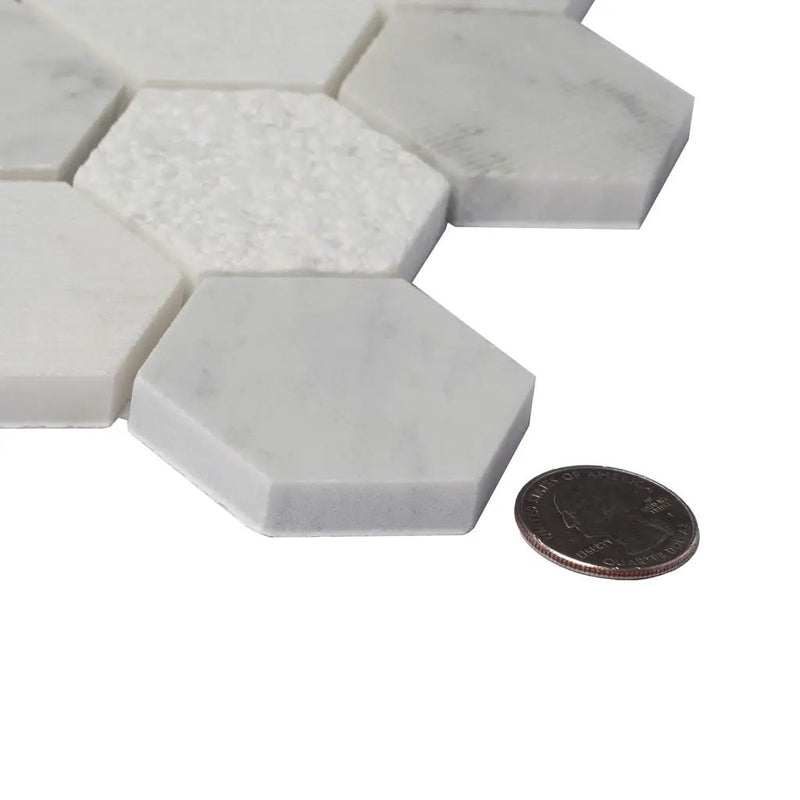 White 12x12 Polished Etched Hexagon Bianco Carrara Marble Mosaic Tile (5 pack, 4.92 sq ft/case) by Apollo Tile