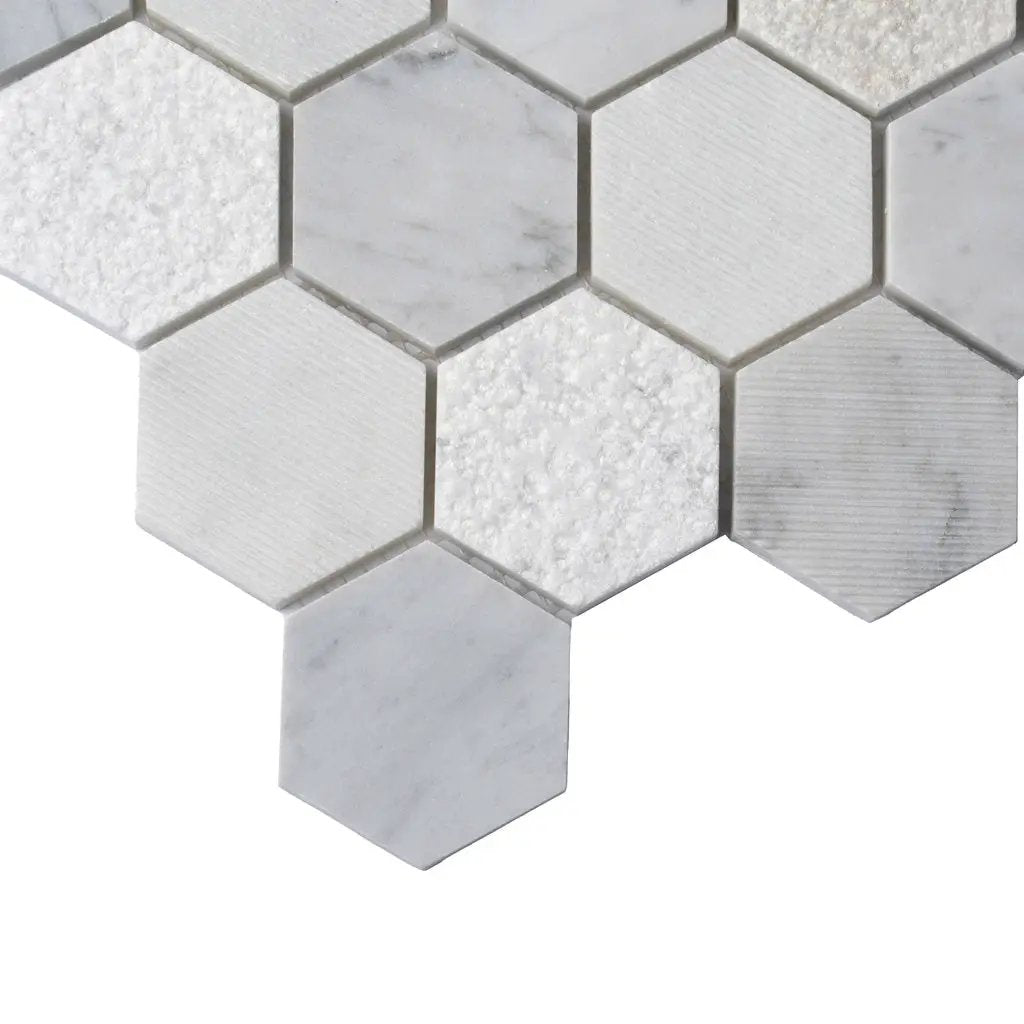 White 12x12 Polished Etched Hexagon Bianco Carrara Marble Mosaic Tile (5 pack, 4.92 sq ft/case) by Apollo Tile