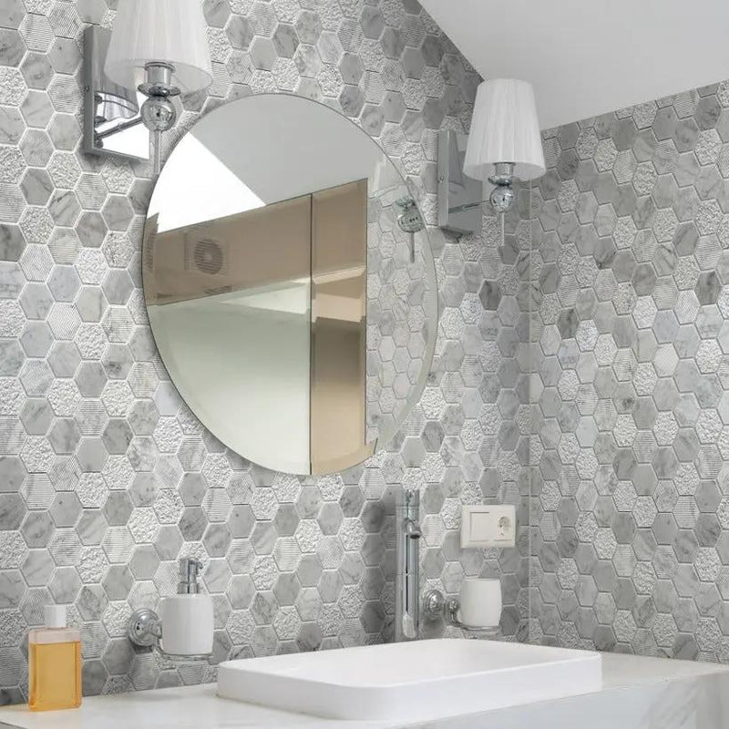 White 12x12 Polished Etched Hexagon Bianco Carrara Marble Mosaic Tile (5 pack, 4.92 sq ft/case) by Apollo Tile