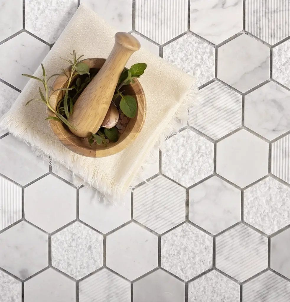 White 12x12 Polished Etched Hexagon Bianco Carrara Marble Mosaic Tile (5 pack, 4.92 sq ft/case) by Apollo Tile