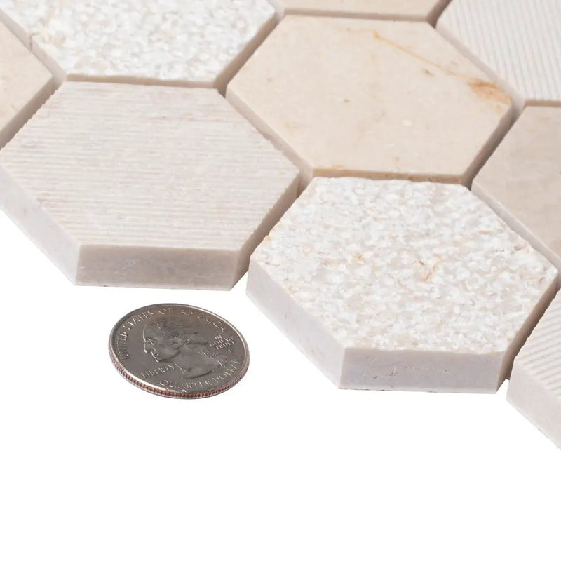 Beige 12x12 Polished Etched Hexagon Crema Marfil Marble Mosaic Tile (5 pack, 4.92 sq ft/case) by Apollo Tile
