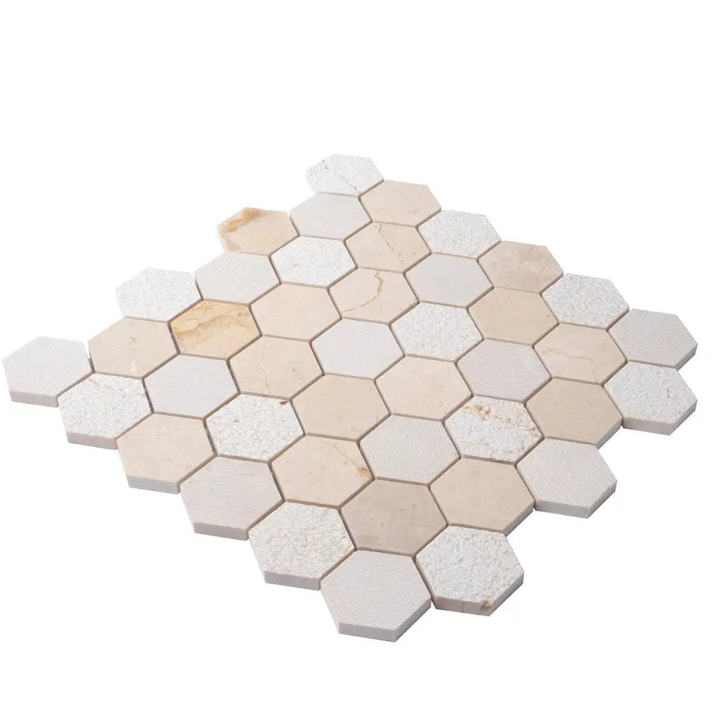 Beige 12x12 Polished Etched Hexagon Crema Marfil Marble Mosaic Tile (5 pack, 4.92 sq ft/case) by Apollo Tile
