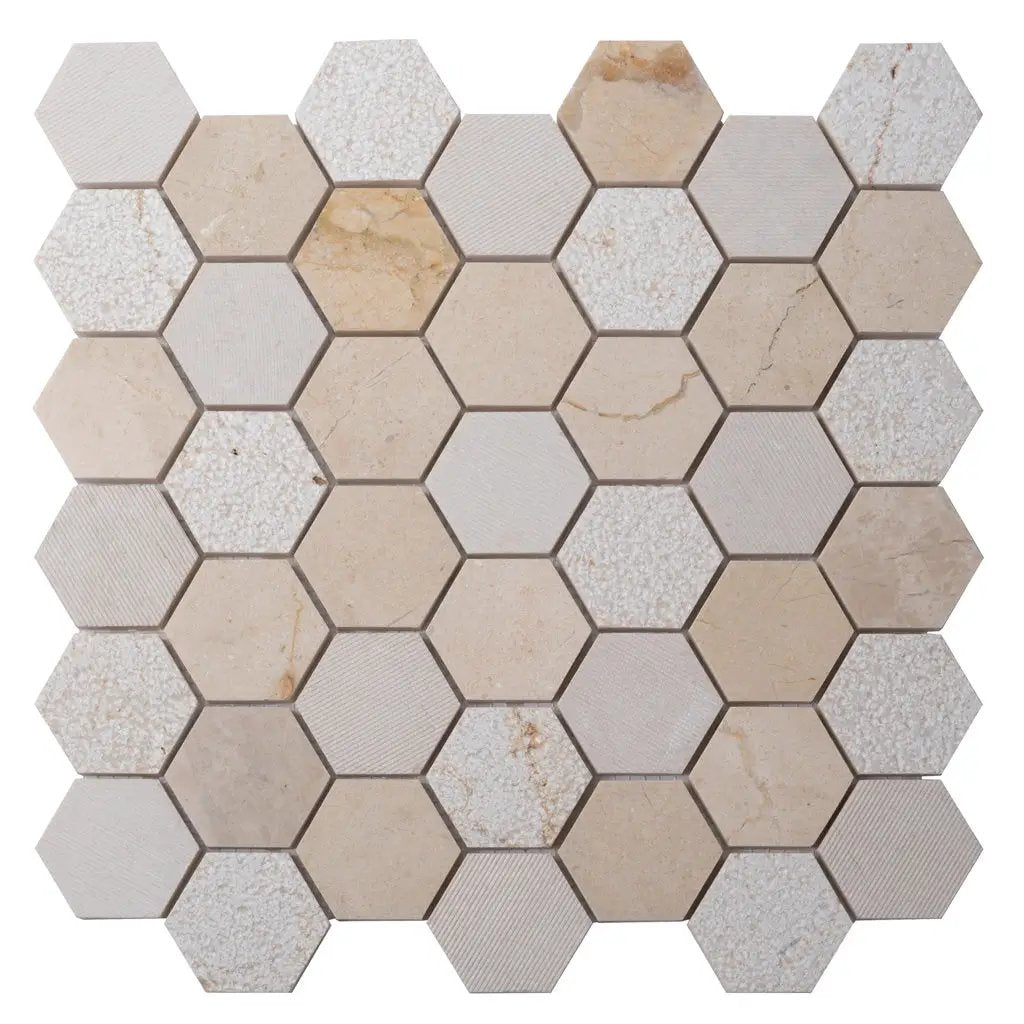 Beige 12x12 Polished Etched Hexagon Crema Marfil Marble Mosaic Tile (5 pack, 4.92 sq ft/case) by Apollo Tile