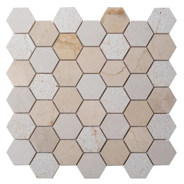 Beige 12x12 Polished Etched Hexagon Crema Marfil Marble Mosaic Tile (5 pack, 4.92 sq ft/case), photo 2 of 8