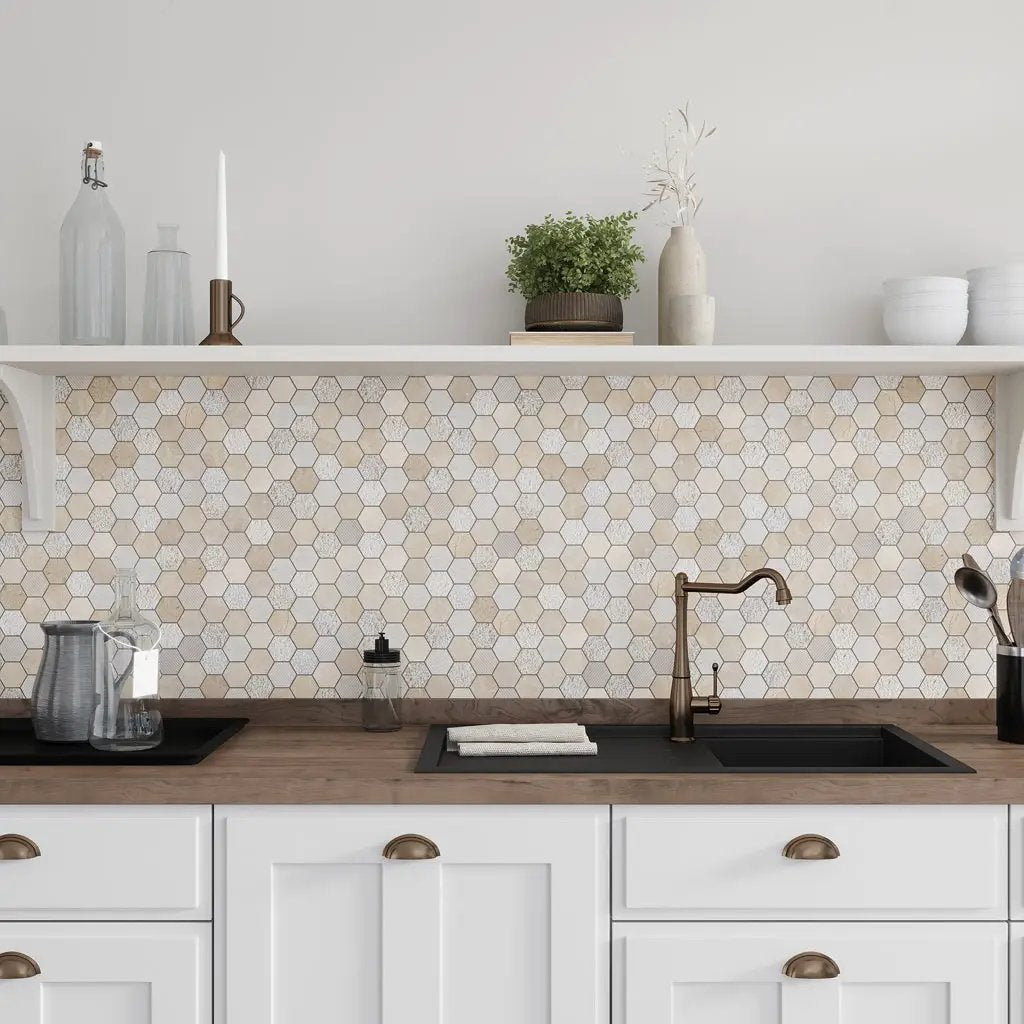 Beige 12x12 Polished Etched Hexagon Crema Marfil Marble Mosaic Tile (5 pack, 4.92 sq ft/case) by Apollo Tile