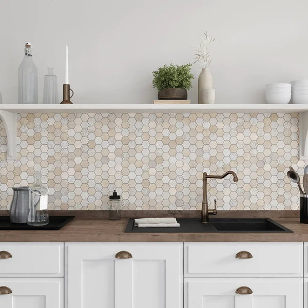Beige 12x12 Polished Etched Hexagon Crema Marfil Marble Mosaic Tile (5 pack, 4.92 sq ft/case)