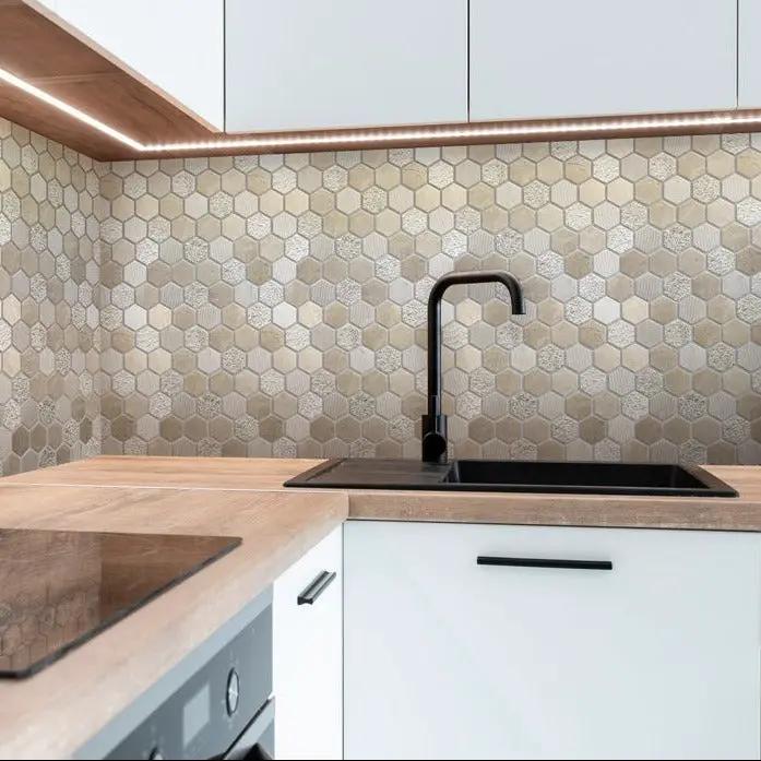 Beige 12x12 Polished Etched Hexagon Crema Marfil Marble Mosaic Tile (5 pack, 4.92 sq ft/case) by Apollo Tile