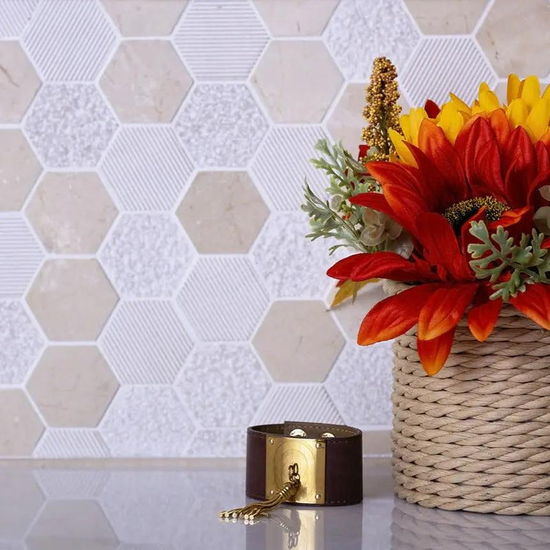 Beige 12x12 Polished Etched Hexagon Crema Marfil Marble Mosaic Tile (5 pack, 4.92 sq ft/case) by Apollo Tile