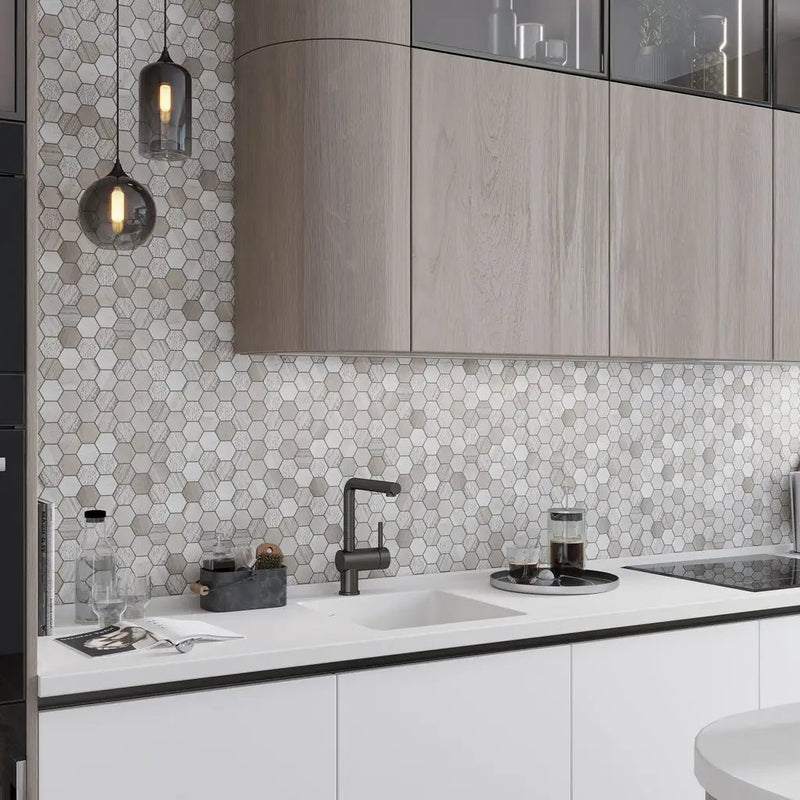 Wooden Grey 12x12 Etched Polished Hexagon Marble Mosaic Tile (5 pack, 4.92 sq ft/case) by Apollo Tile
