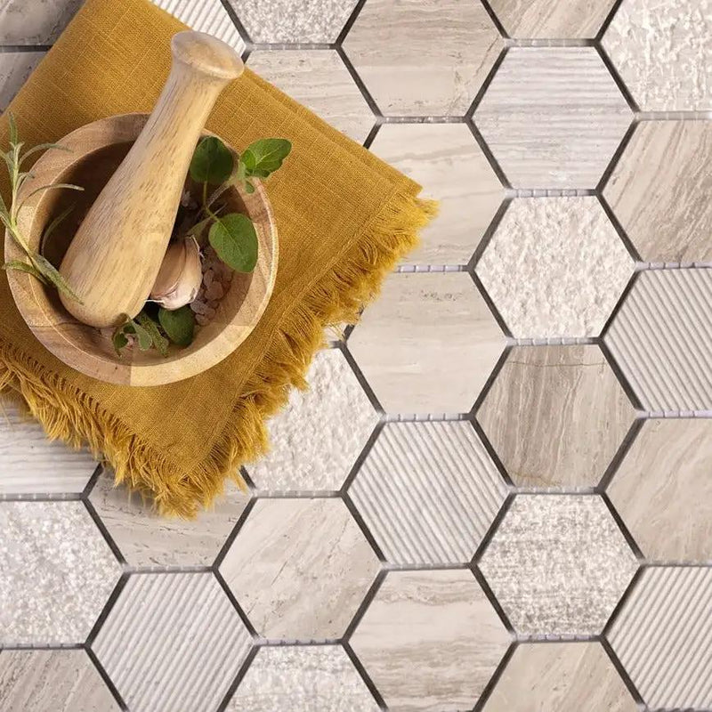 Wooden Grey 12x12 Etched Polished Hexagon Marble Mosaic Tile (5 pack, 4.92 sq ft/case) by Apollo Tile