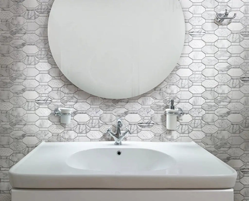 White 11x12 Polished Etched Hexagon Bianco Carrara Marble Mosaic Tile (5 pack, 4.66 sq ft/case) by Apollo Tile