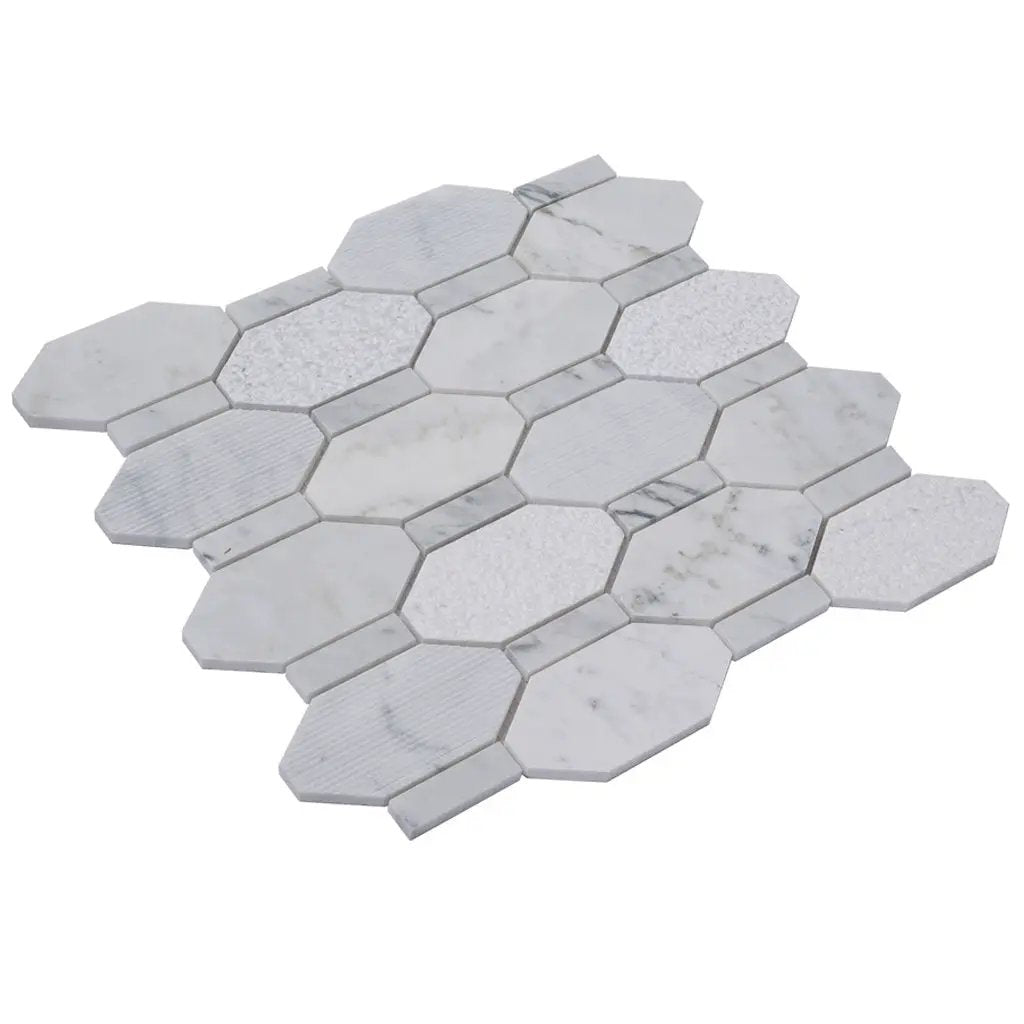 White 11x12 Polished Etched Hexagon Bianco Carrara Marble Mosaic Tile (5 pack, 4.66 sq ft/case) by Apollo Tile