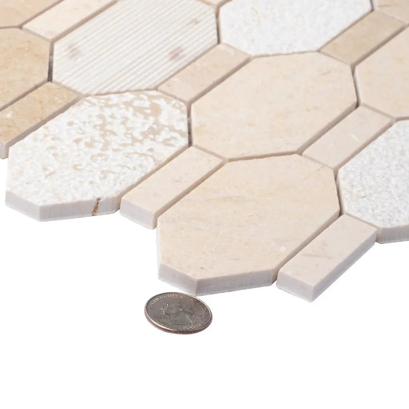 Beige 11x12 Polished Etched Hexagon Crema Marfil Marble Mosaic Tile (5 pack, 4.66 sq ft/case) by Apollo Tile