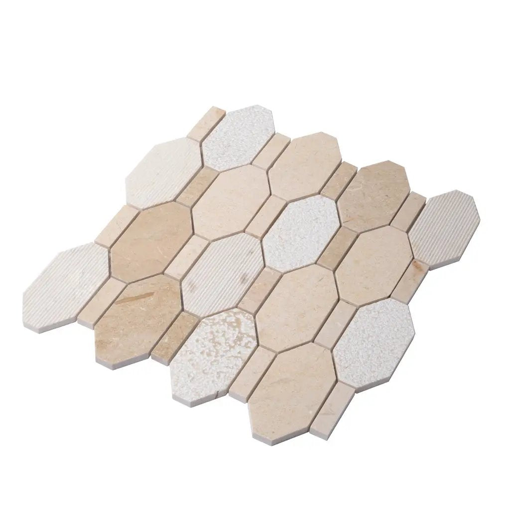 Beige 11x12 Polished Etched Hexagon Crema Marfil Marble Mosaic Tile (5 pack, 4.66 sq ft/case) by Apollo Tile