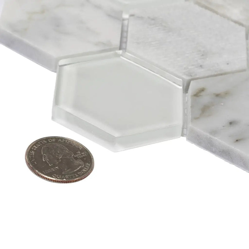 White 12x12 Polished Etched Hexagon Bianco Carrara Glass Marble Mosaic Tile (5 pack, 4.92 sq ft/case) by Apollo Tile