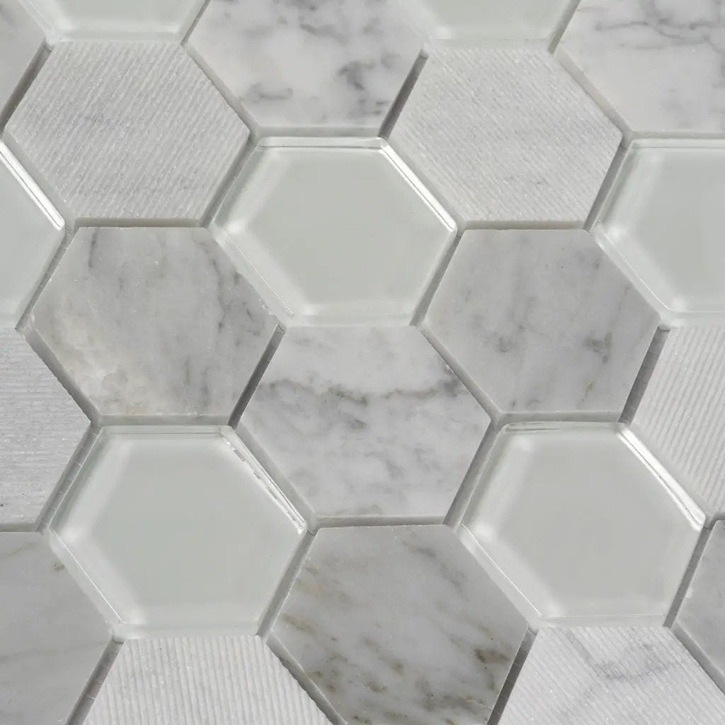 White 12x12 Polished Etched Hexagon Bianco Carrara Glass Marble Mosaic Tile (5 pack, 4.92 sq ft/case) by Apollo Tile