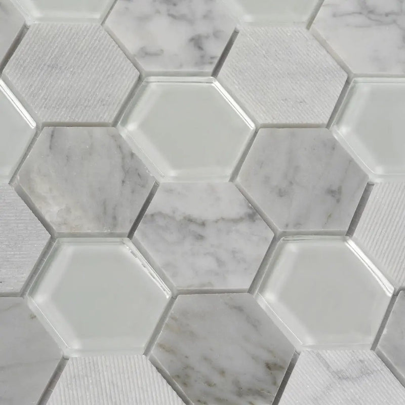White 12x12 Polished Etched Hexagon Bianco Carrara Glass Marble Mosaic Tile (5 pack, 4.92 sq ft/case) by Apollo Tile
